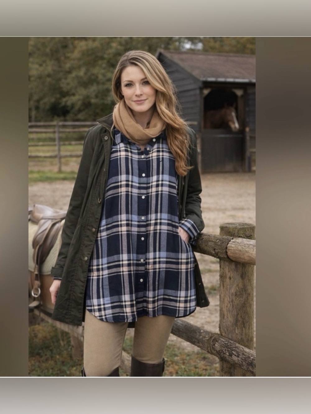 Barbour Baymouth Shirt Tunic Fit Plaid Button Down Size 14 Roll Tab Sleeves